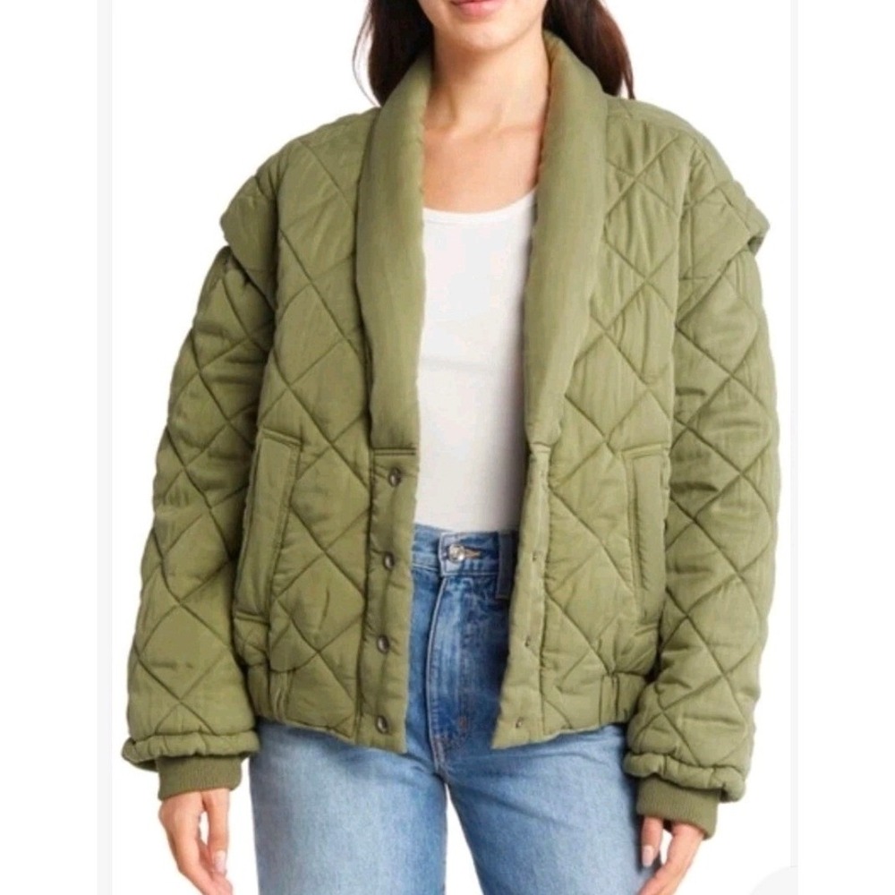 BLANK NYC Quilted Bomber‎ Jacket Olive Green Shawl Collar Button Front Size M